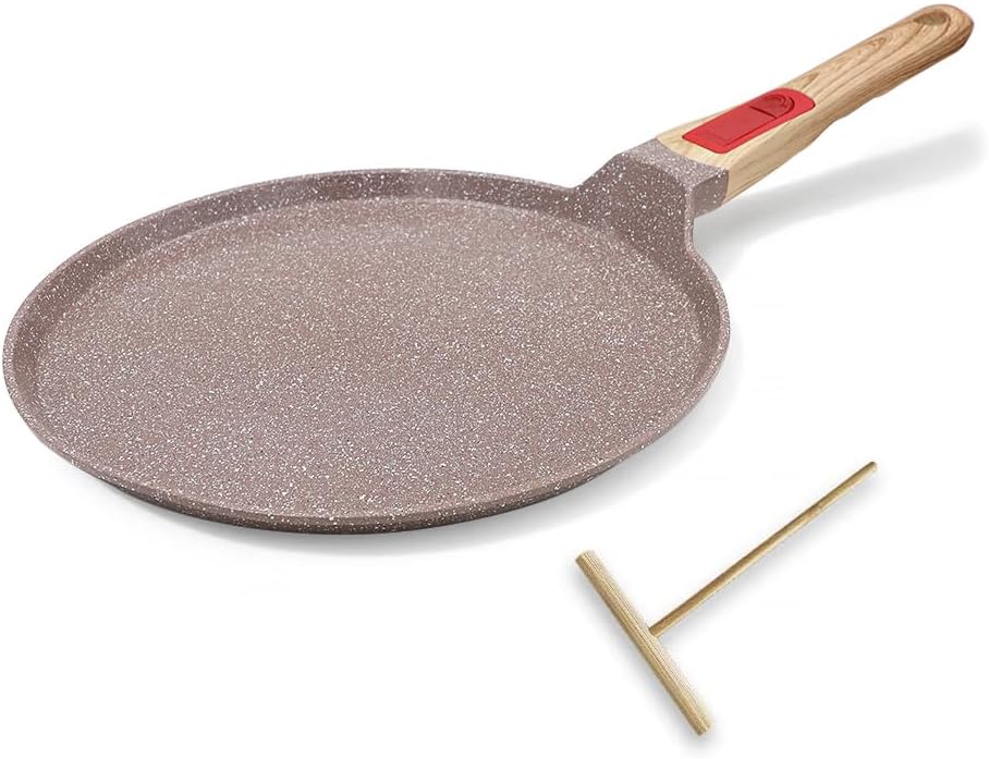 Ceramic Crepe Pan 10 Inch, Nonstick Dosa Pan Pancake Pan with Detachable Handle Round Griddle - Brown