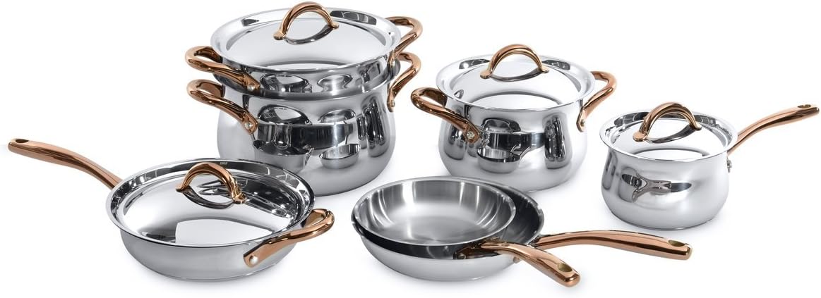 BergHOFF 11 Piece Ouro Cookware Set with Gold Handles, Silver/Rose, Large