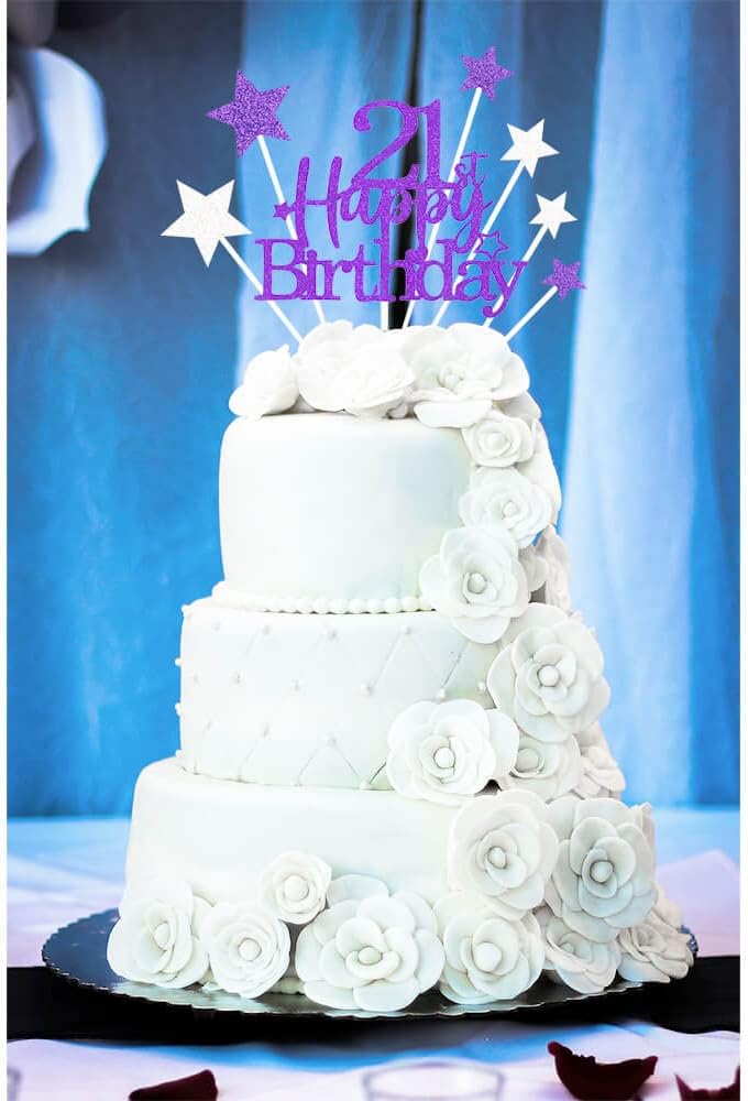 Glittery 21st Happy Birthday Cake Topper with Star,Personalised 21 Birthday Cake Toppers Party Decorations Party Supplies for Boys Girls Purple Silver