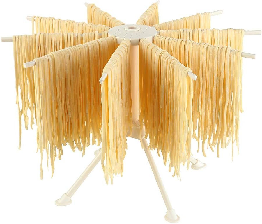 Ourokhome Collapsible Pasta Drying Rack, Plastic Foldable Homemade Fresh Spaghetti Stand Dryer Noodle Hanger for Kitchen with 10 Arms, Stable, Easy Storage, Quickly Set Up (White)