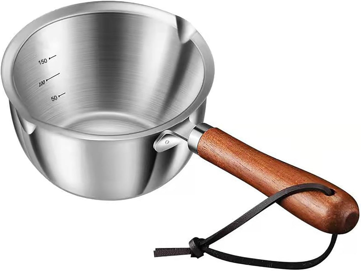 Butter Warmer Pot, Stainless Steel Milk Warmer with Wooden Handle for Seafood, Mini Butter Melting Pot Small Saucepan with Dual Pour Spouts for Stove Top Cooking (150ml)