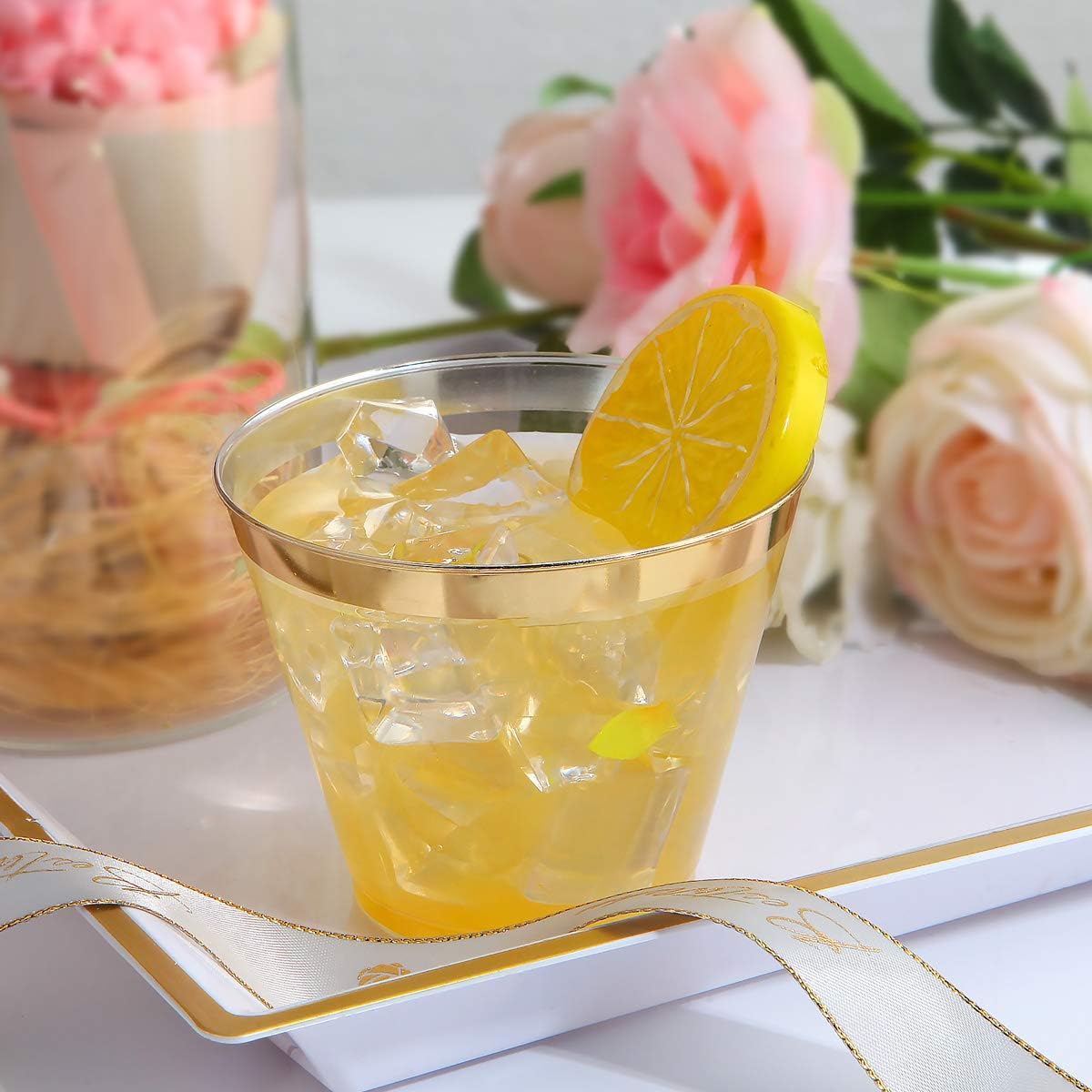I00000 200 Pack Gold Plastic Cups, 9 Oz Elegant Clear Plastic Cups Gold Rimmed Disposable Wine Glasses Fancy Disposable Party Cup Wedding Cup Drinking Tumblers Cocktail Glasses Perfect for Party