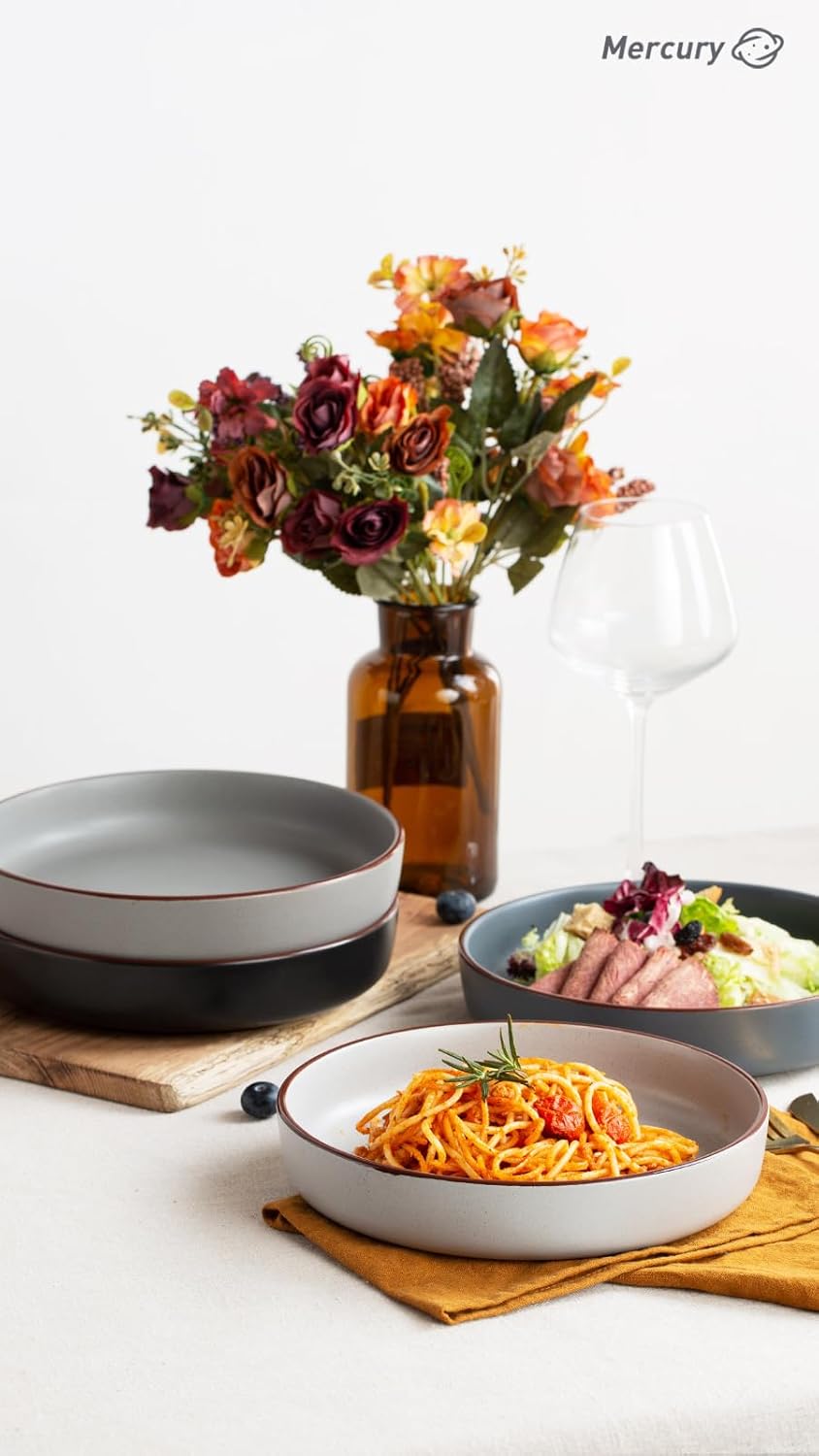 famiware Mercury Pasta Bowls Set of 4, 33 oz Large Salad Bowls, Ceramic Pasta Plates Bowls, Serving Bowls for Kitchen, Microwave & Dishwasher Safe, Multi-color