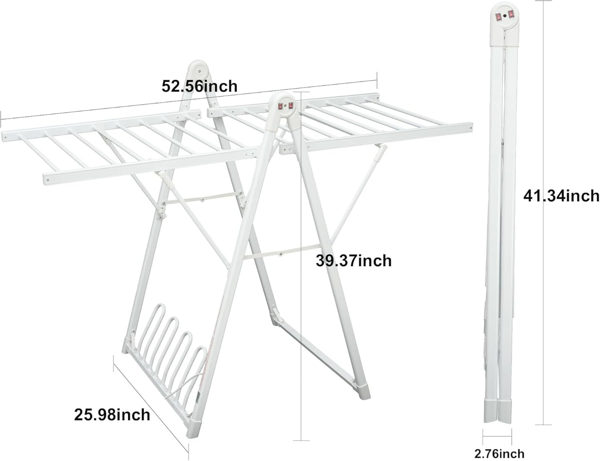 Electric Heating Clothes Drying Rack,Foldable Clothes Drying Rack,Suitable for Drying Clothes, Shoes and Socks.Plug & Play,White,Aluminum Alloy,One-Click Switch(39.37×52.56×25.98in)