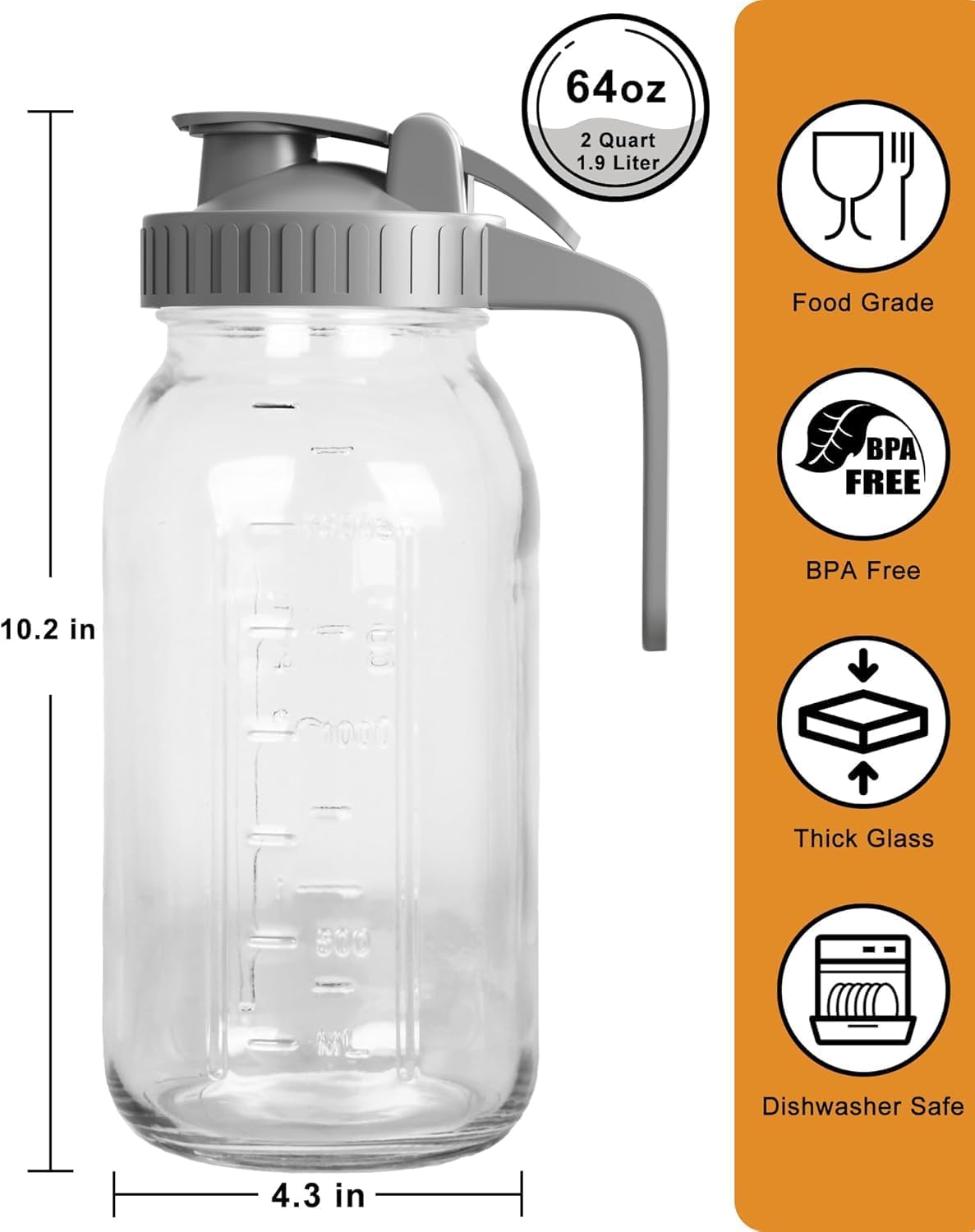 | 2 Pack | 64oz | Glass Pitcher with Lid Wide Mouth, 2 Quart (1.9 Liter) Mason Jar Pitcher with Lid and Spout, Leakproof Water Jug for Water, Juice, Tea, Iced Coffee, Milk Storage, Grey