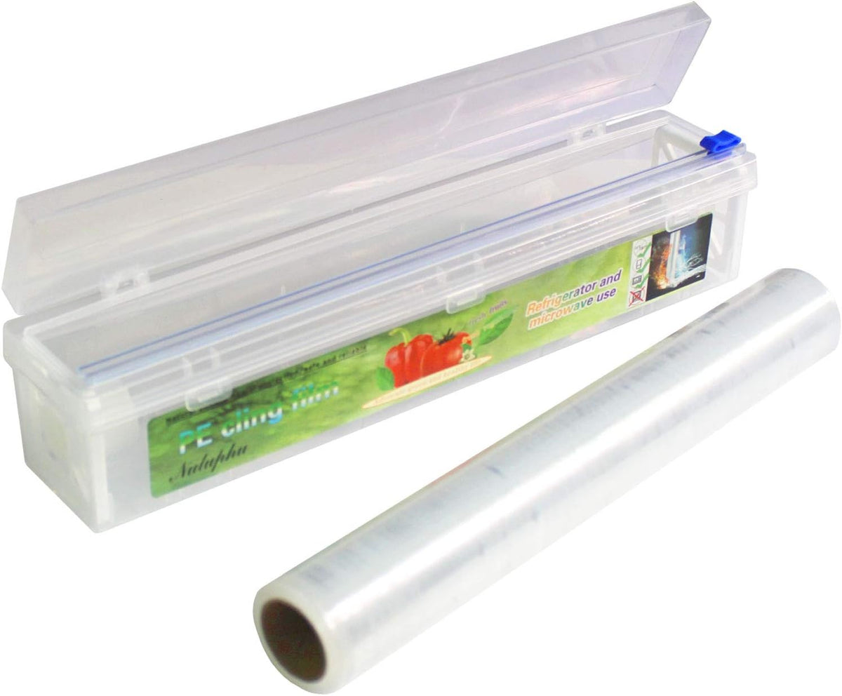 Household Reusable Refillable Plastic Wrap Dispenser with Slide Cutter, Food Wrap Stretch Clear Cling Wrap 12 Inch×328 Ft (1Cutting Box + 1 Cling Film)