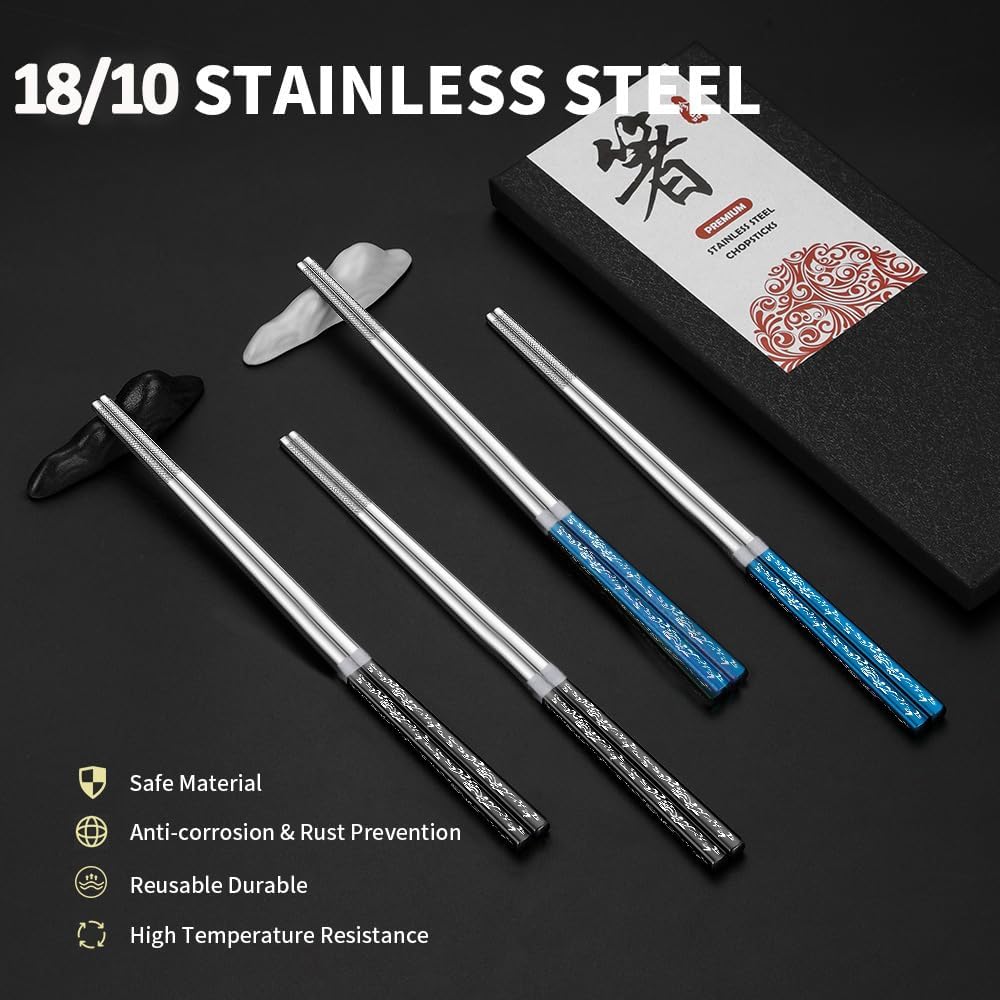 Metal Chopsticks With Case Stainless Steel Chopsticks Titanium Plated Reusable Chopstick lightweight Engraved Non-slip 18/10 Korean Japanese Chinese Chopsticks,Dishwasher Safe 2 Pairs Set(BJ-Black02)