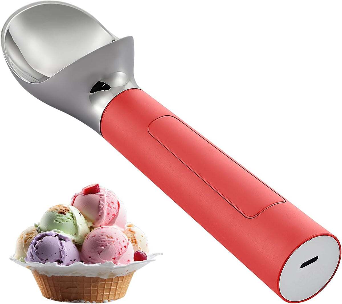 Heated Ice Cream Scoop Rechargeable, Electric Warming Ice Cream Scooper with LED Display, Heats to 158°F for Hard Ice Cream, Easy for Seniors & Kids, IP67 Waterproof (Red, 2 oz)
