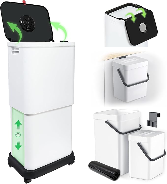 Gintan 13 Gallon Trash Can with Lid, 25-45 L Altitude Variable Bin, Garbage Can with Wheels for Kitchen, Bathroom, Bedroom, Office, with Two Space-Saving Hangable Small Waste Bin and Garbage Bag