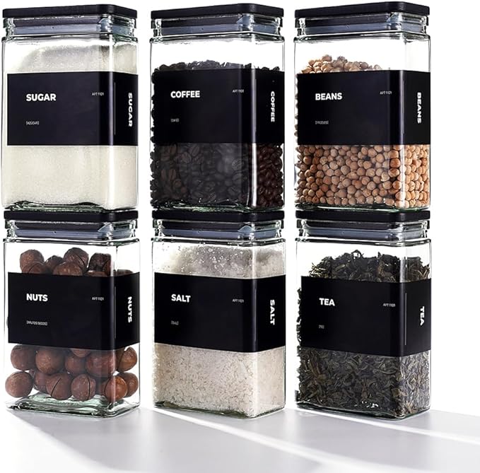 APT 1101 26 oz Glass Storage Jars with Bamboo Lid, set of 6, glass canisters with airtight lids, Clear jars with lids for Cookie, Candy, Tea, Coffee Bean and Rice, Black