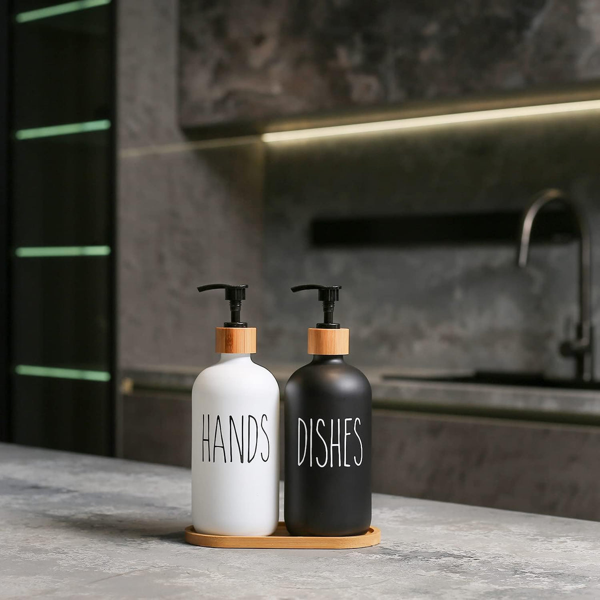MOMEEMO Soap Dispenser Set, Contains Hand and Dish Soap Dispenser, Suitable for Kitchen Decor. (Black & White)