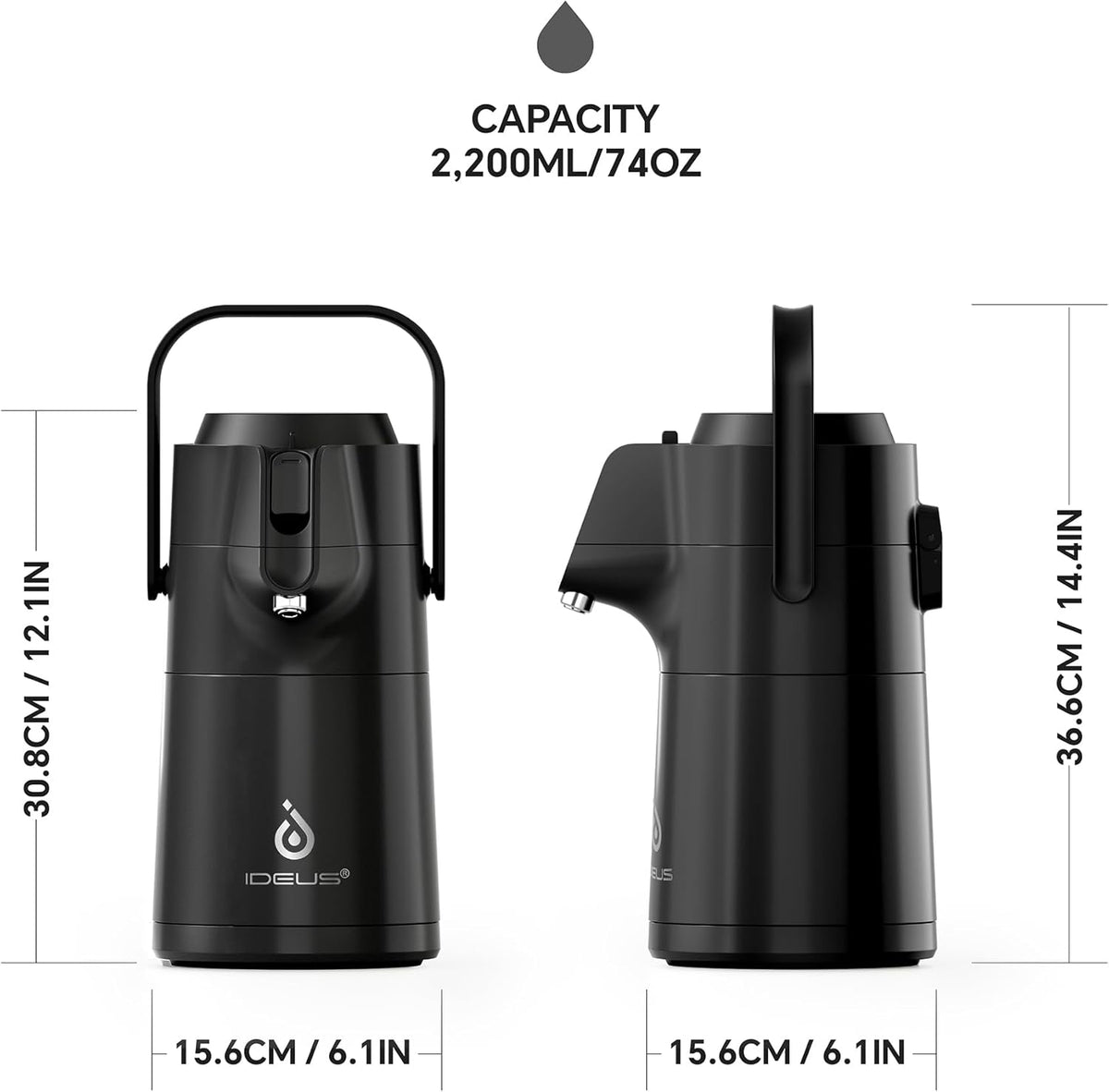 IDEUS Thermal Coffee Carafe 74oz (2,200ml), Stainless Steel Double Wall Insulated Vacuum Flask, Water Jug Coffee Server and Beverage Dispenser, Heat and Cold Retention (Black, 74oz (2,200ml))