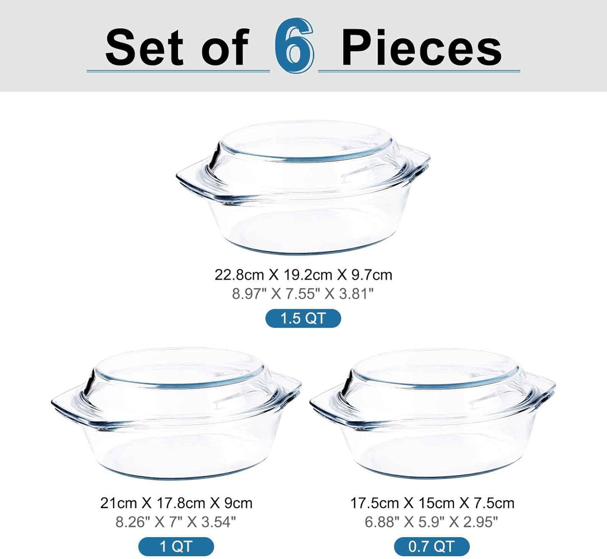Set of 6 Pieces Round Tempered Glass Casserole Dish with Lids, Glass Casserole Baking Dish Set for Oven, Freezer and Dishwasher Safe - 0.7QT+1QT+1.5QT