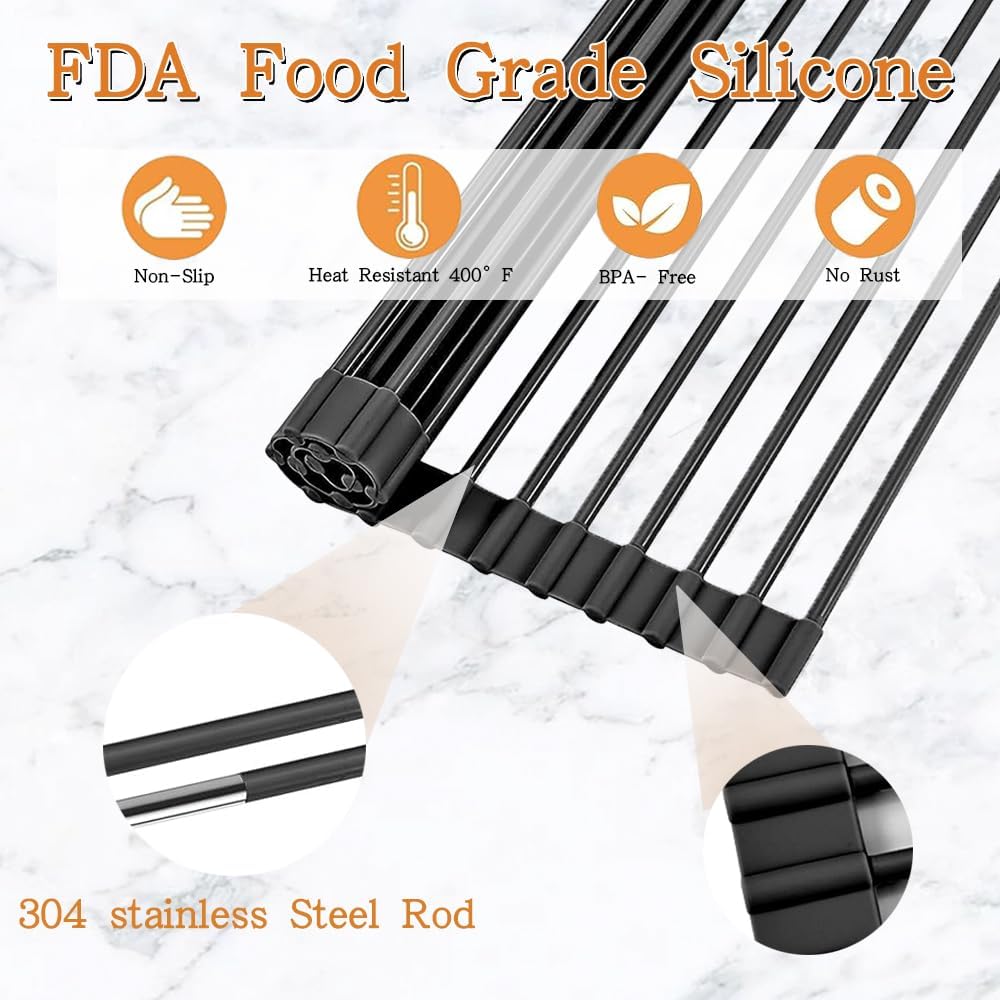 LEMIKKLE 20.5" x 13" Roll Up Dish Drying Rack Silicone Wrapped Over The Sink Dish Drying Rack Foldable Sink Drying Mat, Heat-Resistant & Anti-Rust Dish Rack for Kitchen Sink, Black