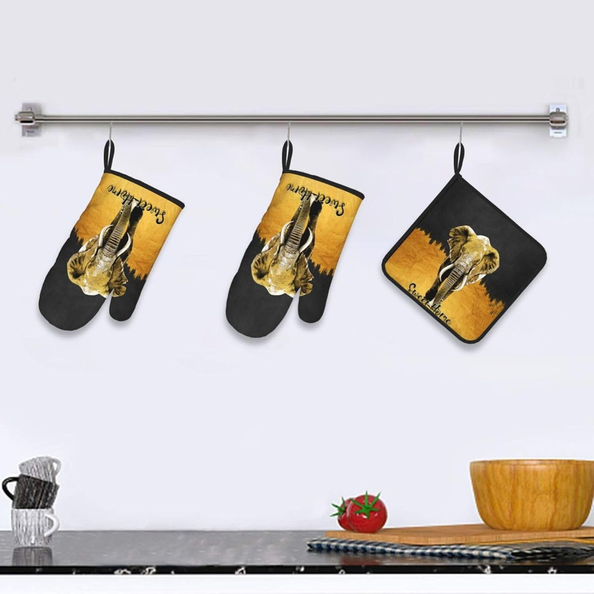 Elephant Oven Mitts and Pot Holders Sets of 3 Black Gold Hot Pads Oven Gloves Heat Resistant Non Slip Washable for Kitchen Cooking Grilling Baking