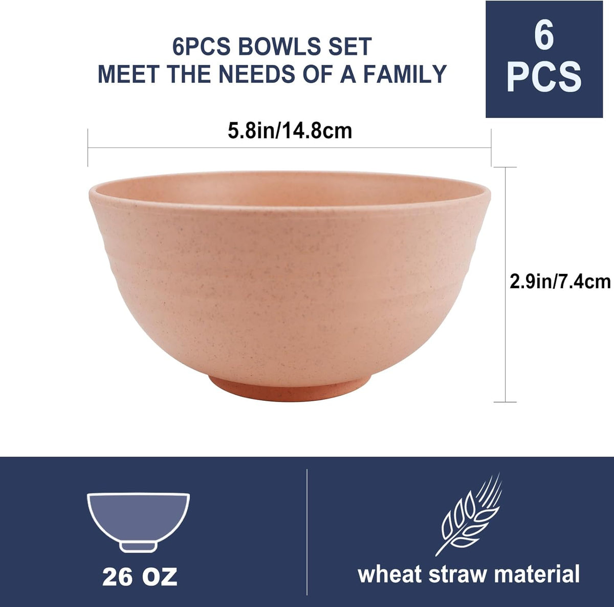 26 oz Wheat Straw Bowls Set of 6,Microwave & Dishwasher Safe Cereal Bowls for Kitchen,Lightweight Kids Bowls for Soup,Salad,Fruit,Snack and Oatmeal-Sweet Series