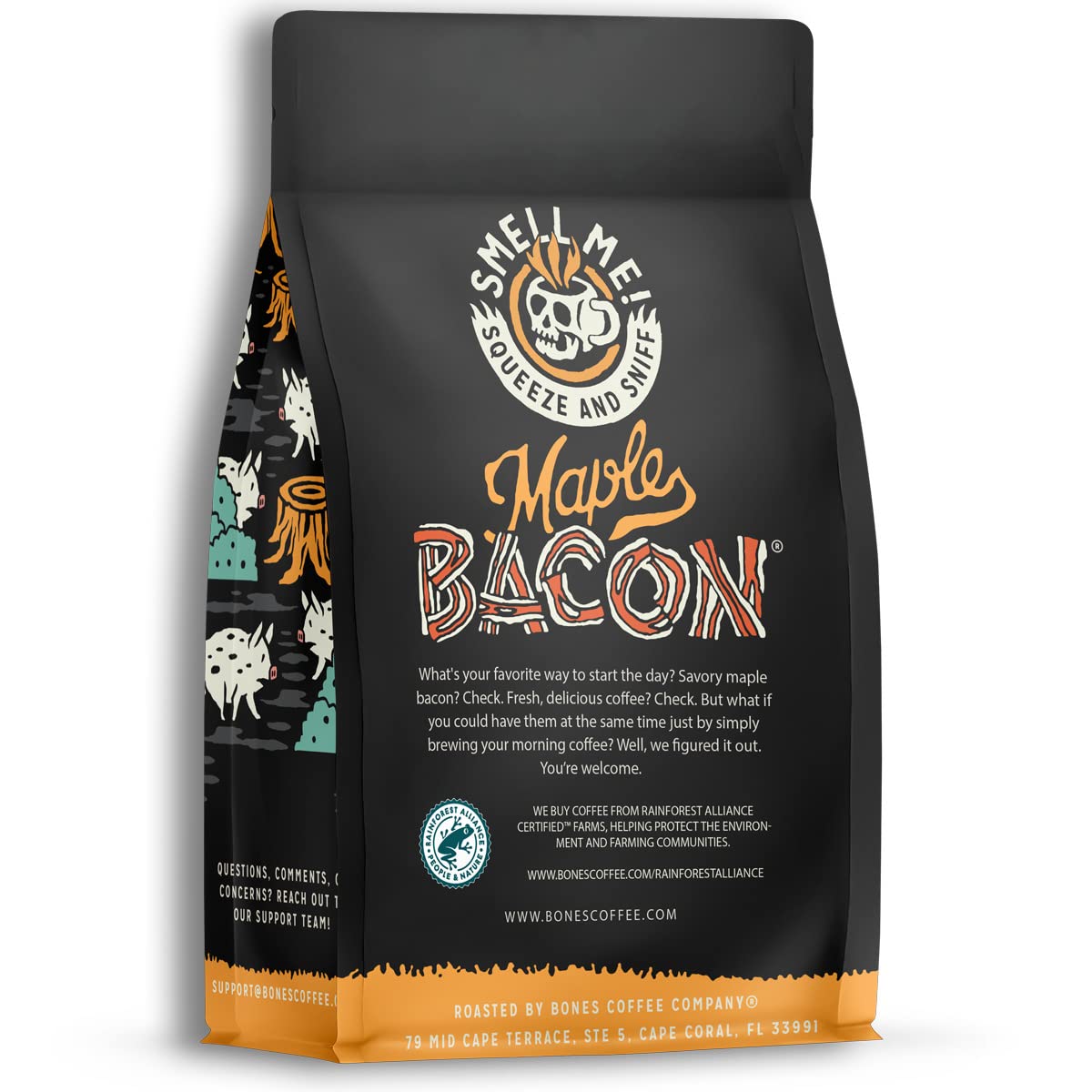 Bones Coffee Company Maple Bacon, Bacon and Maple Syrup Flavored Coffee, Medium Roast Low Acid Arabica Beans Compatible with Auto drip and French Press Coffee Maker, 12 Oz Whole Bean