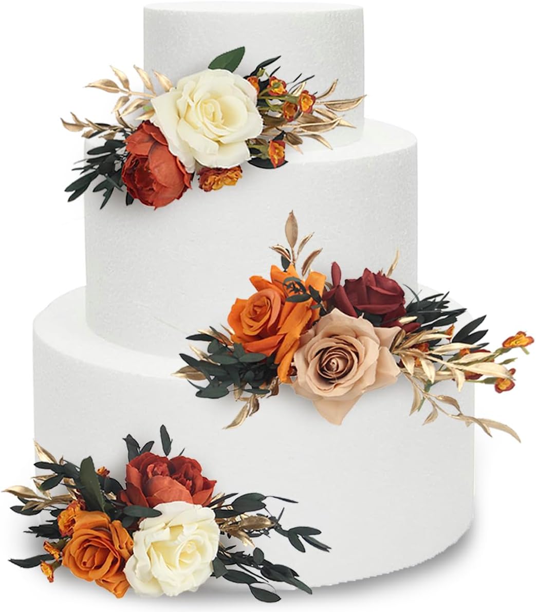 Rinlong 3Pcs Pre-made Cake Topper Cake Decorating Flowers for Cake Decor Boho Burnt Orange Fall Cake Flowers for Wedding Baptism Birthday Party Bridal Baby Shower