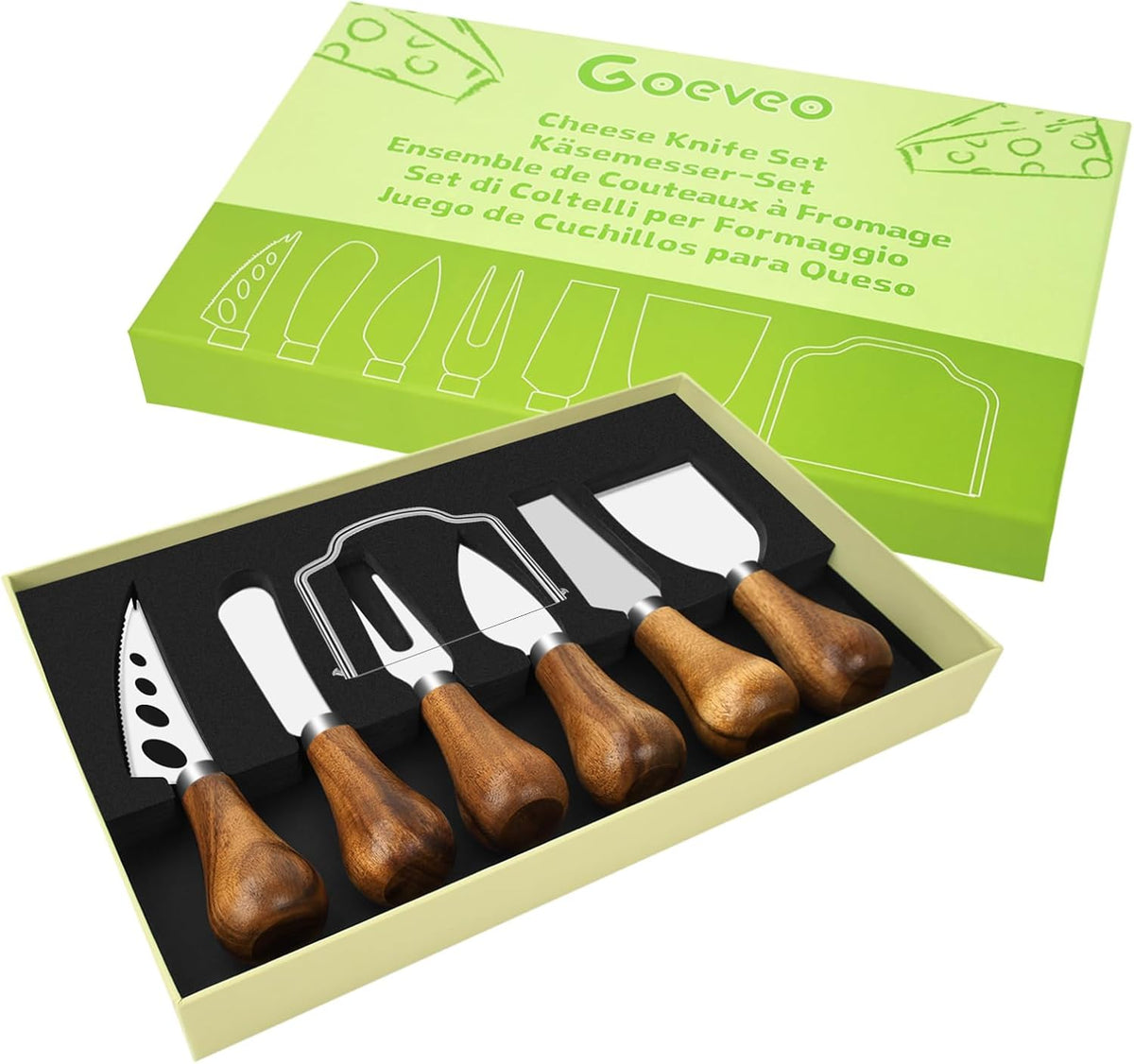 7-Piece Cheese Knife Set, Premium Stainless Steel Cheese Knives with Acacia Wood Handle and Cheese Slicer, Cheese Spreading Knife for Charcuterie Boards and Cutlery Gift Set