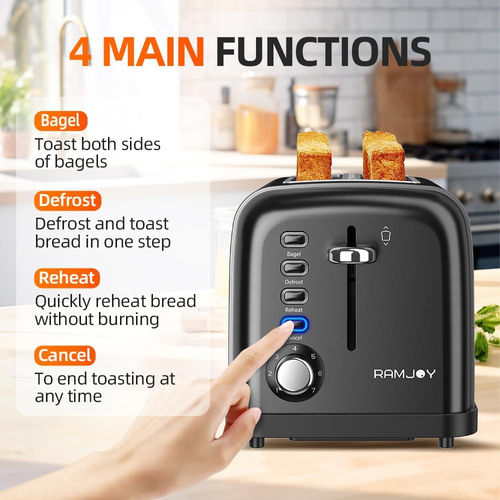Black Toaster 2 Slice, Extra Wide Slot Toaster for Bagels, Bread, Waffles, 7 Shade Settings, 4 Main Functions, Removable Crumb Tray, 900 Watts Toasters, Black Stainless Steel