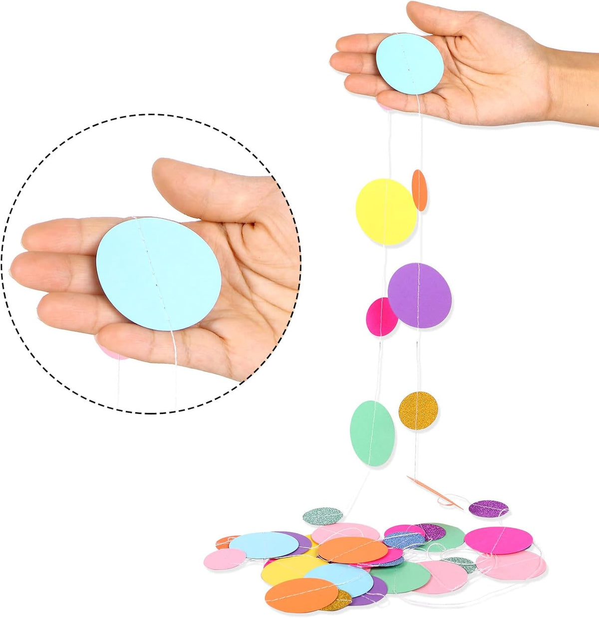 Outus 5 Pieces Colorful Dots Paper Garland Round Glitter Garland Hanging Confetti Streamers Backdrop Decoration for Birthday Classroom Candy Sprinkles Trunk or Treat Party (Rainbow)