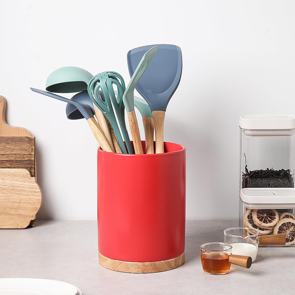Sweejar Kitchen Utensil Holder with Wooden Bottom, 8.2" Ceramic Utensil Crock to Hold Spatulas for Cooking Countertop, Housewarming, Wedding, Birthday Gift (Red)