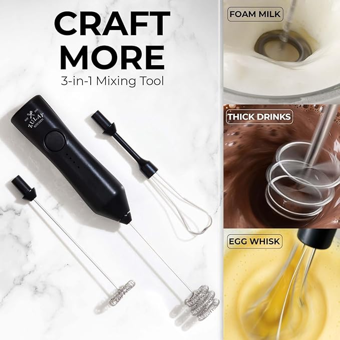 Zulay Kitchen Rechargeable Milk Frother - Dynamic - 3 Speeds, 3 Whisk Attachments, 500 mAh USB Charging, Drink Mixer For Latte, Cappuccino, Matcha, Protein Powder, Coffee Foam - Black
