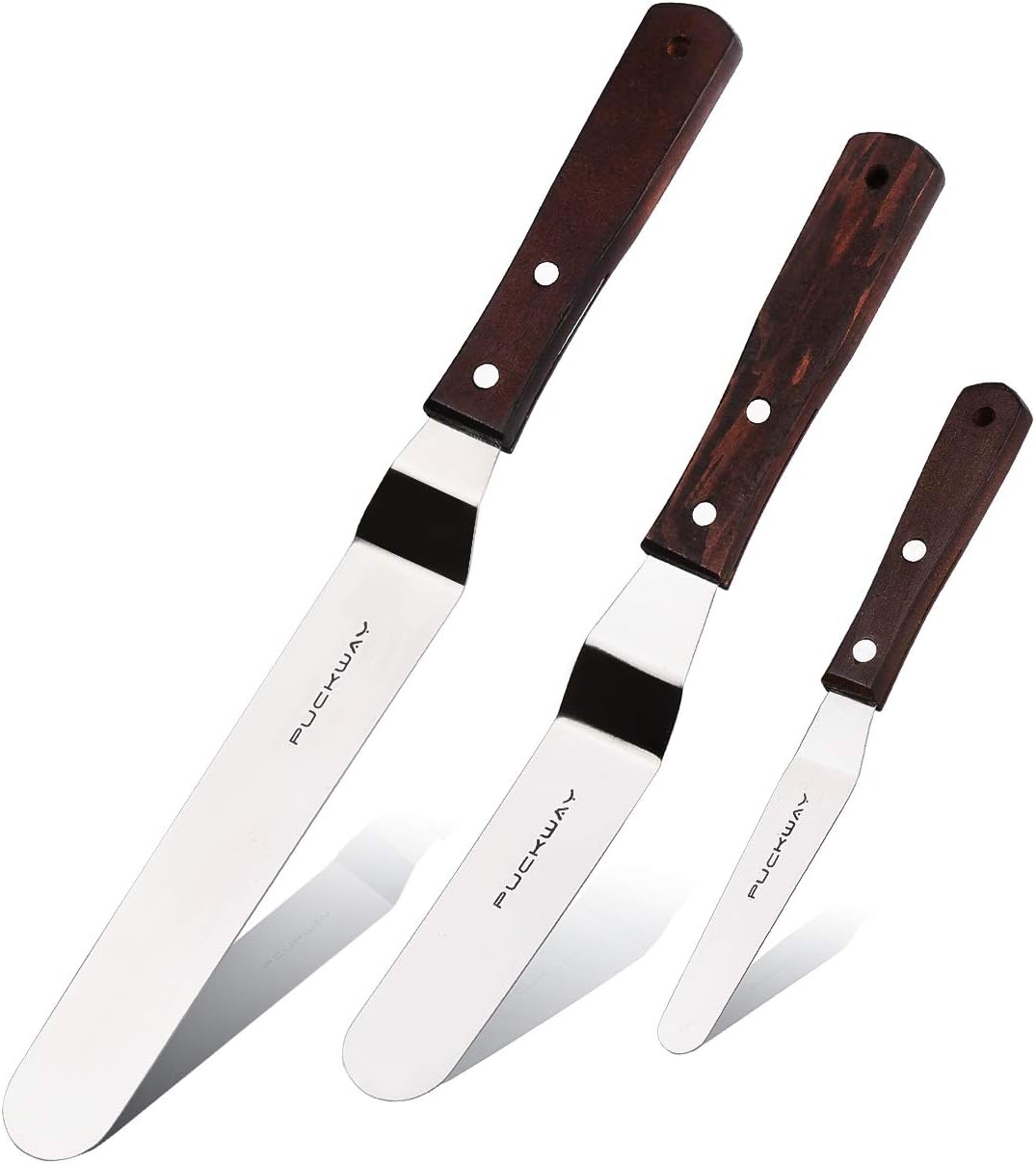 Offset Cake Icing Spatula Set of 3 Professional Stainless Steel Decorating Frosting Spatulas (4"-6"-8" Flexible Resistant Blade) Angled with Wooden Handle