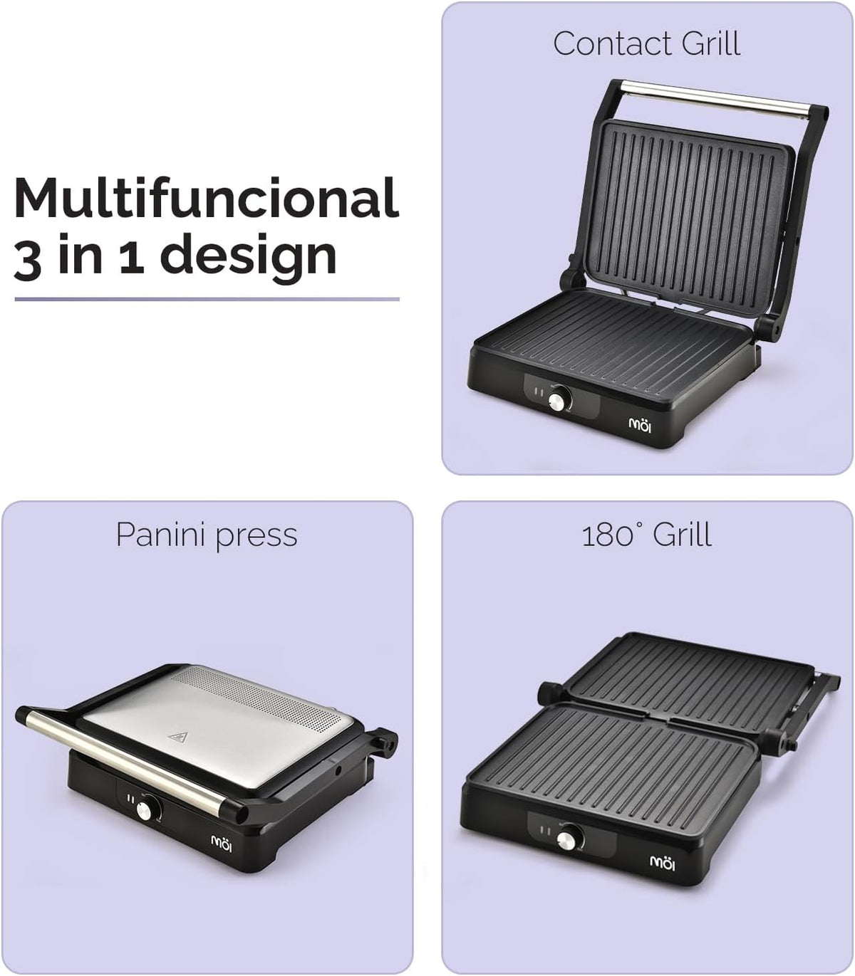 MOI Panini Press Grill & Sandwich Maker - 180° Dual-Plate Stainless Steel Grill Press for Paninis, Grilled Cheese, Burgers, Quesadillas, Breakfast, and More - 11 x 9 Inch Panini Maker with Drip Tray