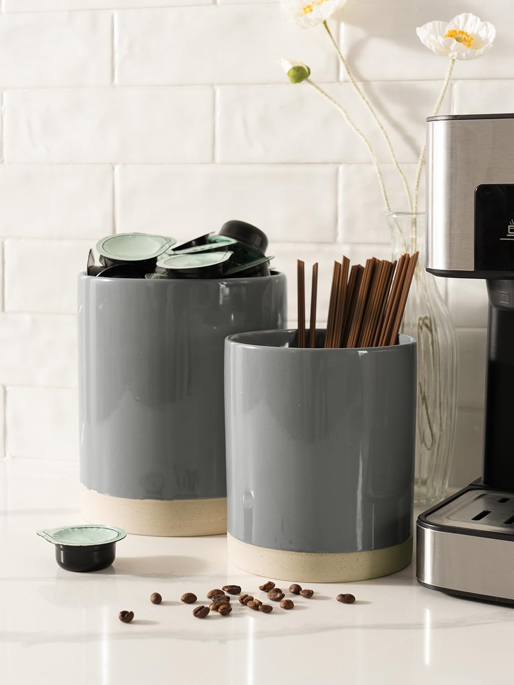 famiware Milkyway Kitchen Utensil Holder for Countertop, 7.2"+5.8" Ceramic Cooking Utensil Crocks for Counter, Utensil Organizer for Spatula & Spoon, Kitchen Decor, Set of 2, Dark Gray