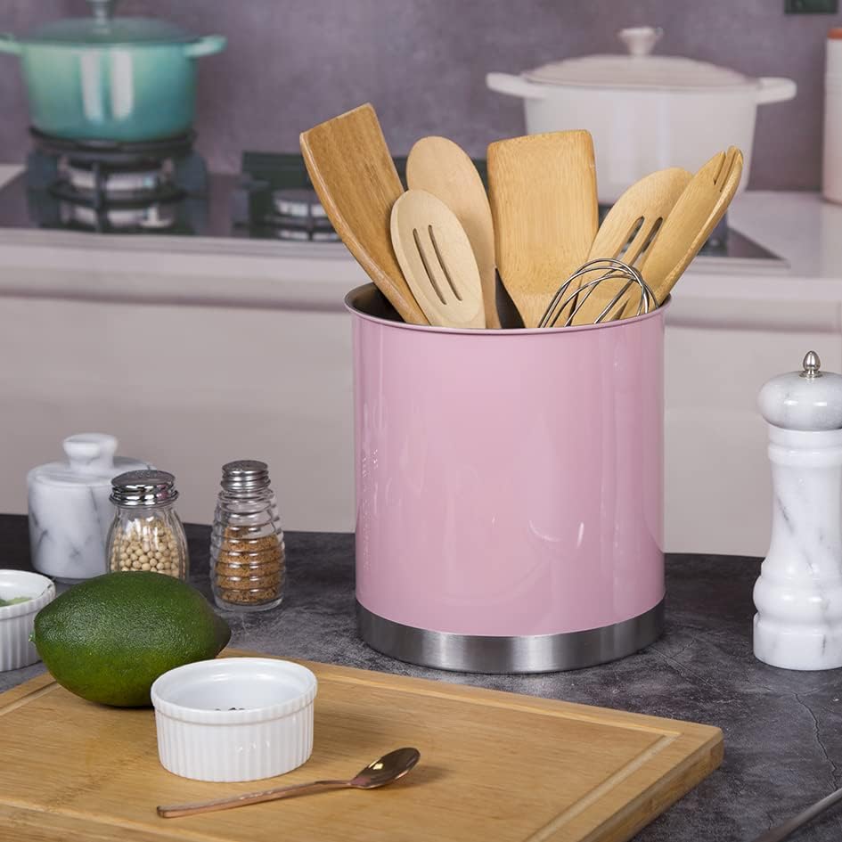 Creative Home Stainless Steel Utensil Holder– 7" Extra Large Cooking Tool Organizer for Kitchen Decor and Countertop Storage, Stable Anti-Tip Design, Durable Powder-Coated Finish, Pink