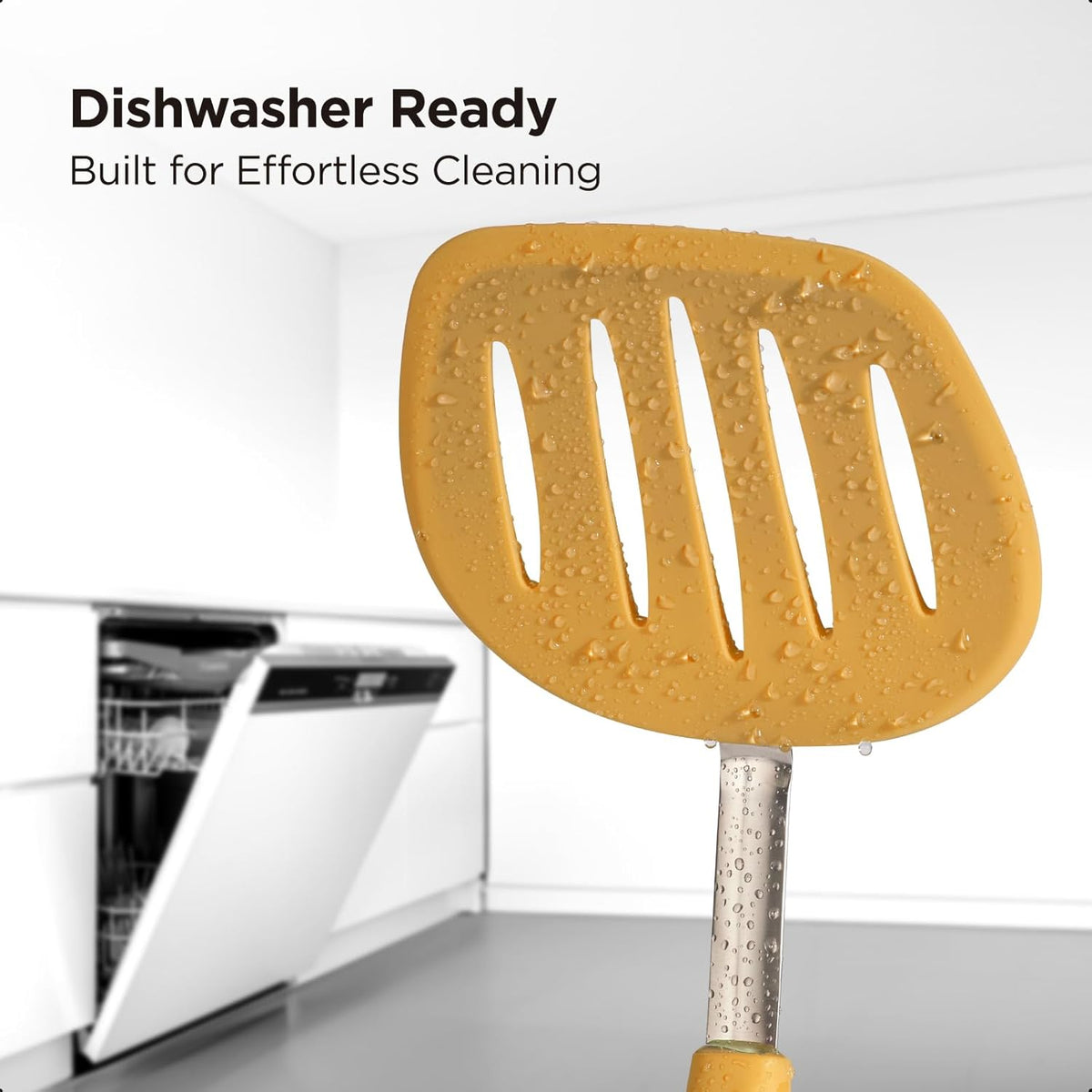 Kitchen Mama WaltzGrip Platinum Silicone Pancake Spatula Turner: Heat-Resistant, Slotted Tapered Head, Stainless Steel Core, Durable, Dishwasher-Safe, Ideal for Flipping and Wok Use (Yellow)