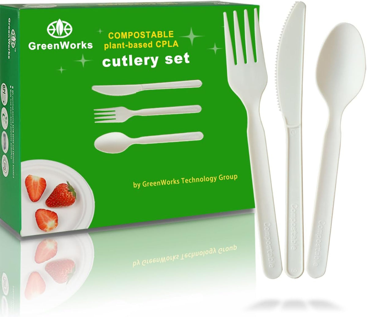 GreenWorks 150 Count 7" Heavy-duty Compostable Utensils,50 Forks 50 Spoons 50 Knives Cutlery Set,BPI Certified Large Disposable Flatware Set