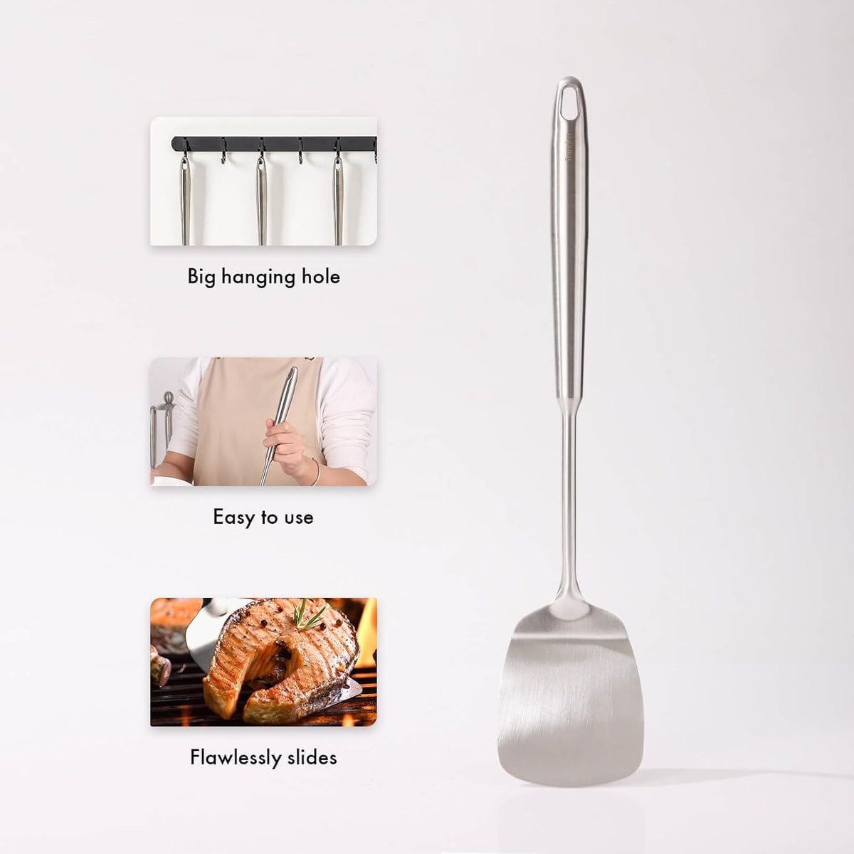 18/10 Stainless Steel Spatulas Set - 15” Long Spatulas for Kitchen, Metal Cooking Utensils - 1 Slotted Spatula + 1 Solid Turner (style A - all metal brushed)