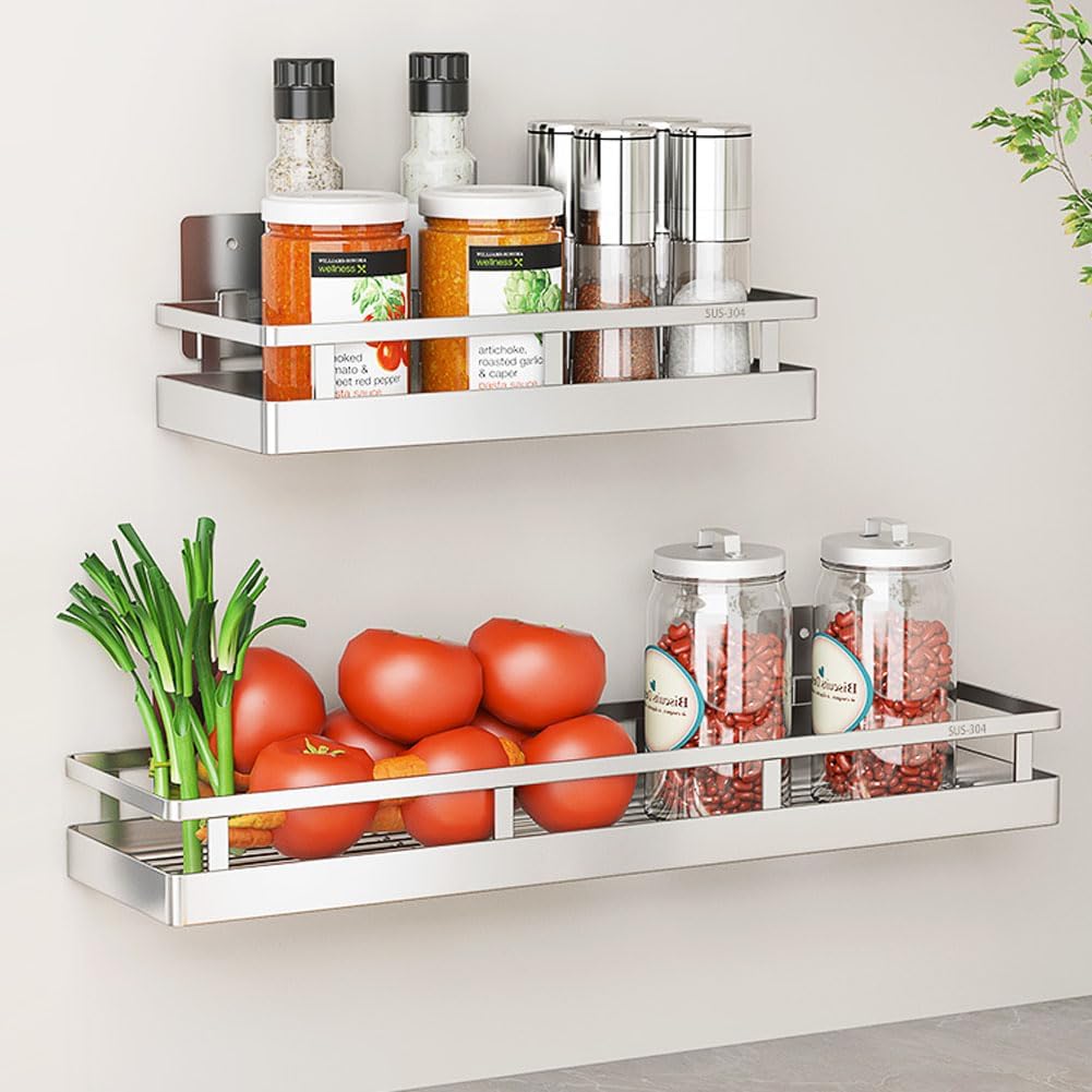 SUS304 Stainless steel Wall Mount Spice Rack Storage Basket - Seasoning Container, Kitchen Spice Organizer -Kitchen Seasoning Hanging Rack - Bathroom Shelf (Silver)