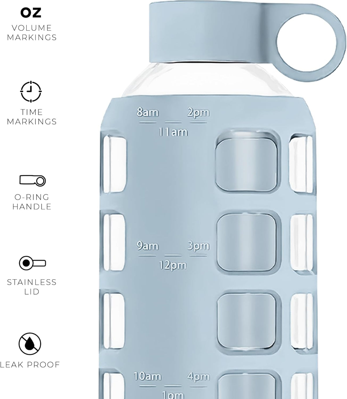 purifyou 40oz / 32oz / 22oz / 12oz Borosilicate Glass Water Bottle with Time & Volume Markers, Silicone Sleeve, Stainless Steel Lid – Reusable Glass Bottle for Water & Juice (22oz Ice Blue)