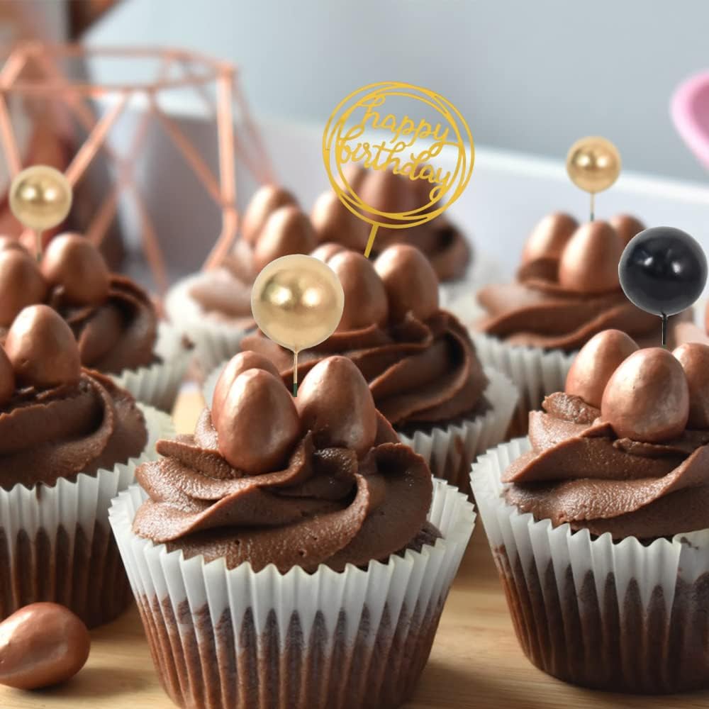BEISHIDA Cake Topper Gold 27 Pack Cupcake Topper with Mini Balls, Happy Birthday Acrylic Toppers, Cake Decorations with Insert Pick DIY for Anniversary Wedding Baby Shower Party(Gold/Black)