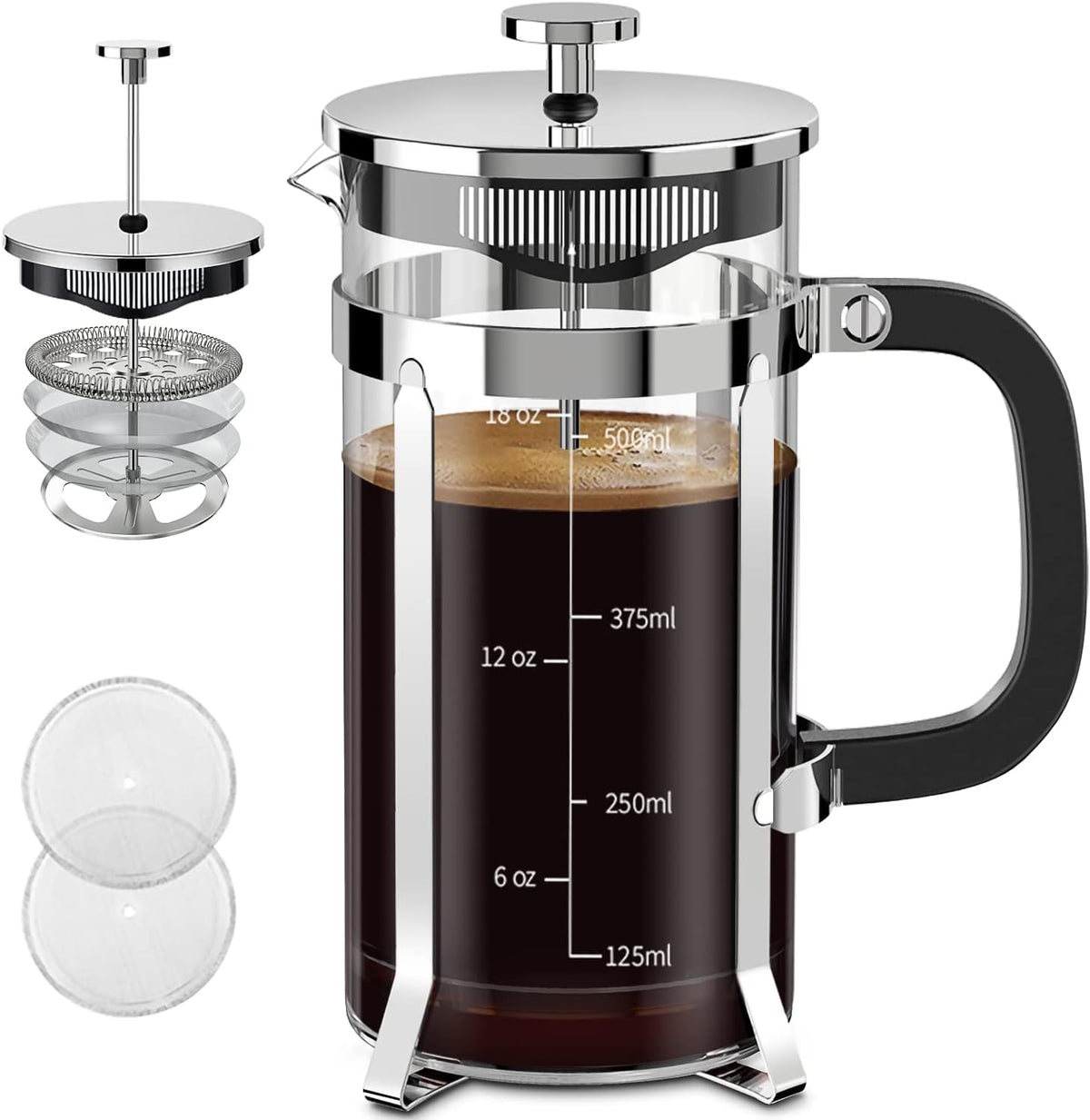 QUQIYSO French Press Coffee Maker 304 Stainless Steel French Press with 4 Filter, Heat Resistant Durable, Easy to Clean, Borosilicate Glass Coffee Press, 100% BPA Free Glass Teapot, 21 ounce, Silver