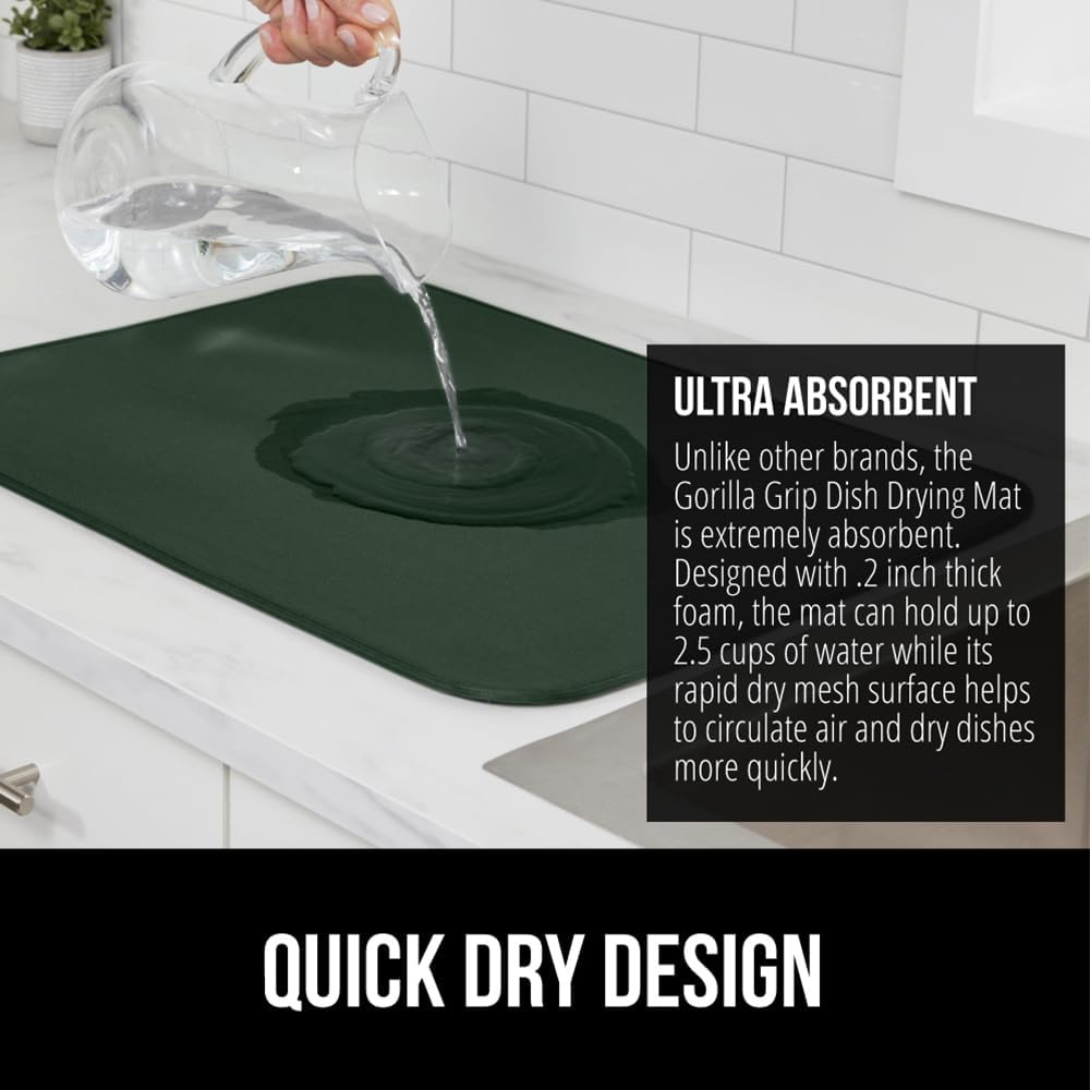 GORILLA GRIP Ultra Water Absorbent Microfiber Dish Drying Mat, 18x24, Quick Dry Thick Mesh, Slip Resistant Pad for Sink Dishes or Under Rack, Kitchen Counter Accessories, Machine Wash, Hunter Green