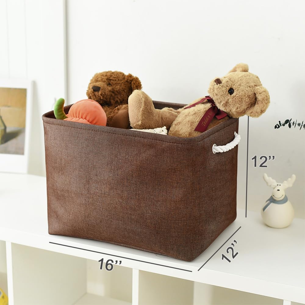 TheWarmHome Organization and Storage Basket for Shelves - 3 Pack 16x12x12 inch Fabric Storage Cubes, Cube Storage Bin for Organizing Closet Cloth Organizer Gift Toy (White & Brown)
