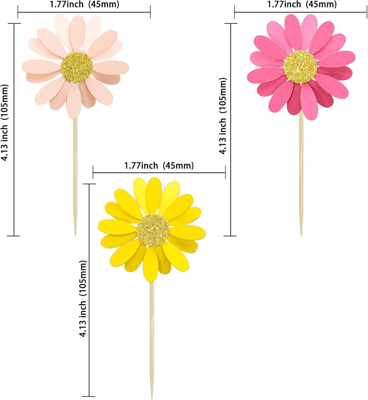 Ephlyn 24Pcs Daisy Cupcake Toppers Daisy Cake Decorations Chrysanthemum Cupcake Toppers Spring Daisy Flower Cake Picks for Birthday Wedding Supplies Multicolor 3