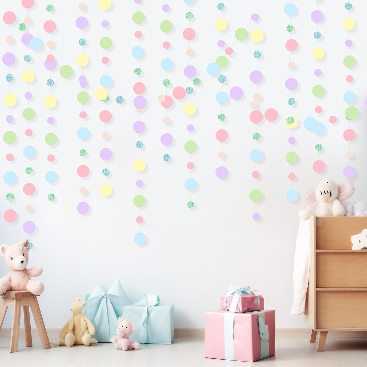 Outus 5 Pieces Colorful Dots Paper Garland Round Glitter Garland Hanging Confetti Streamers Backdrop Decoration for Birthday Classroom Candy Sprinkles Trunk or Treat Party (Pastel)