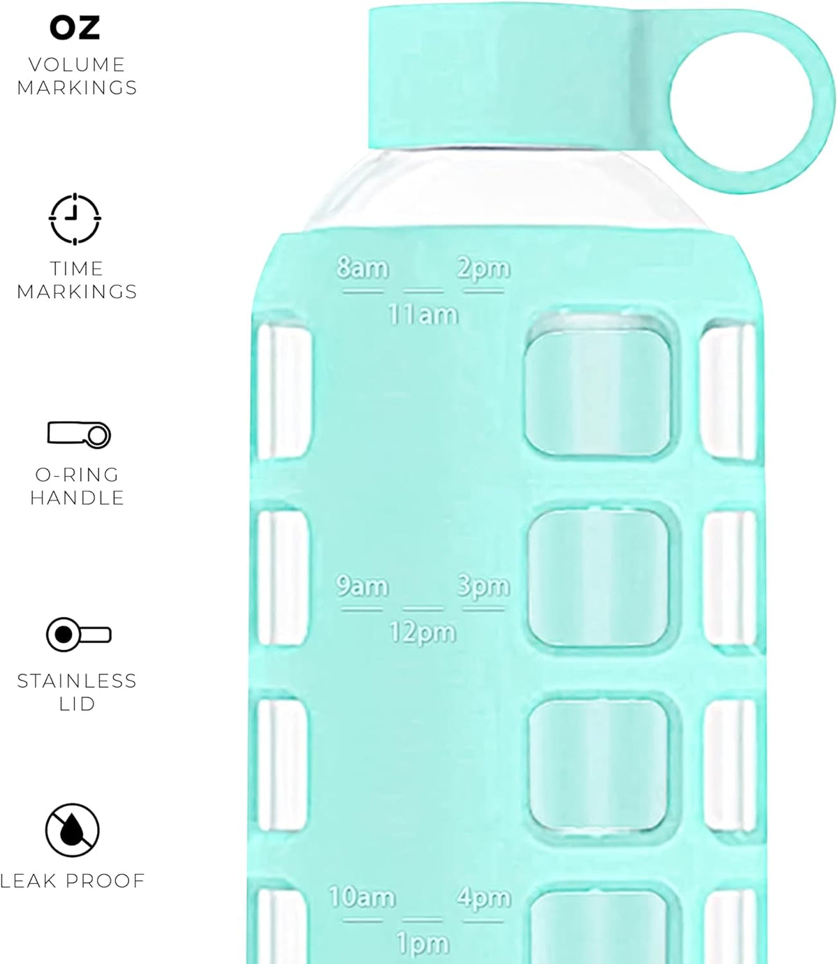 purifyou 40oz / 32oz / 22oz / 12oz Borosilicate Glass Water Bottle with Time & Volume Markers, Silicone Sleeve, Stainless Steel Lid – Reusable Glass Bottle for Water & Juice (22oz Glow-in-the-Dark)