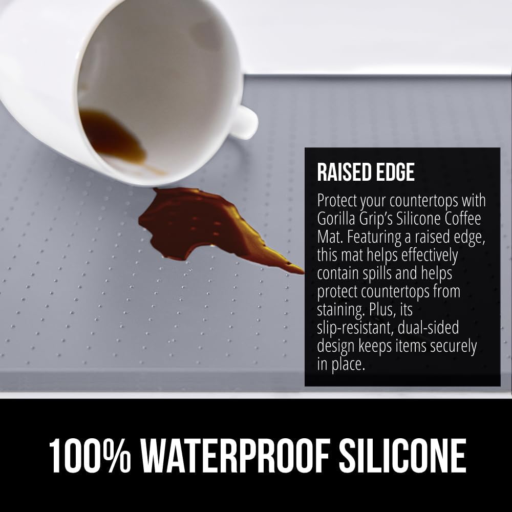 GORILLA GRIP Silicone Coffee Mat, Espresso Drink Bar Station Accessories, Use Under Machine, Waterproof Heat Resistant Multi-Use Dish Drying Mats, Stays in Place, Kitchen Home Decor, 11.5x18.5, Gray