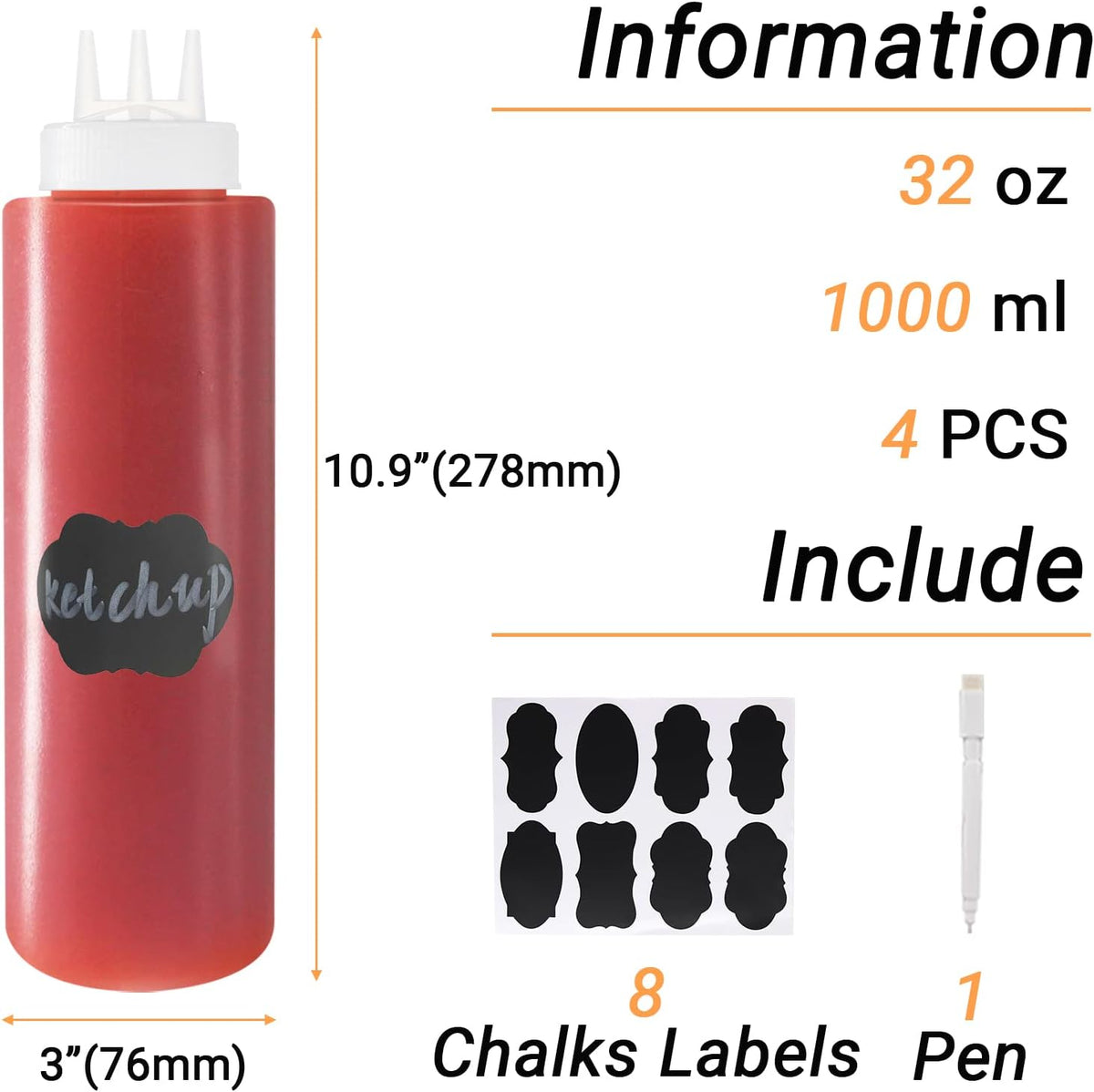 4 Pack 32oz/1000ml Plastic Squeeze Bottles 3-Hole Squirt Condiment Bottles Tomato Sauce Dispensers for Ketchup BBQ Dressing Paint Workshop Pancake Art Craft with 8 Chalk Labels and 1 Pen