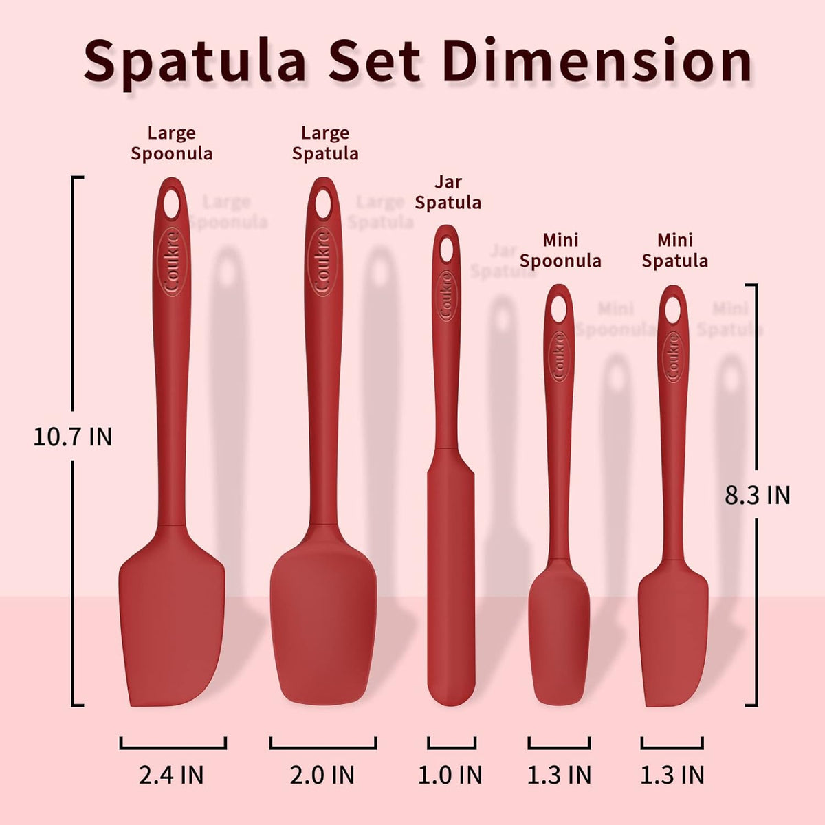 Coukre Silicone Spatula Set of 5,High Temperature Resistant, Food Grade Silicone, Dishwasher Safe, for Baking, Cooking (Pure Red)