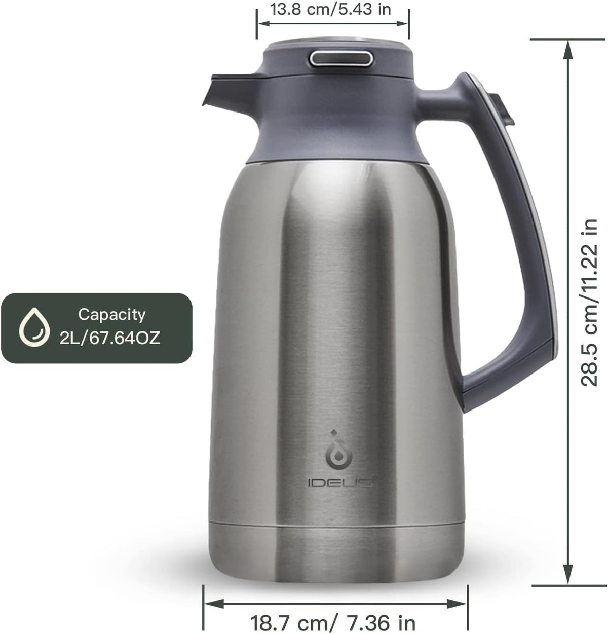 IDEUS Thermal Coffee Carafe 68oz (2,000ml), Stainless Steel Double Wall Insulated Vacuum Flask, Water Jug Coffee Server and Beverage Dispenser, Heat and Cold Retention (Metallic, 68oz (2,000ml))