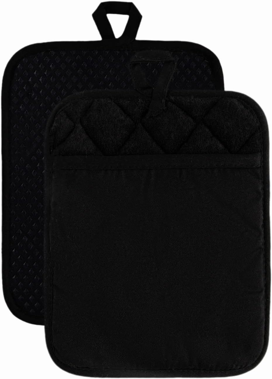 Kitchen Everyday Basic Pot Holder Heat Resistant Coaster Soft Silicone Water Resistant Pot Holder Set Oven Mitts with Pocket, 2 Piece Set, 7"x9" (Black)