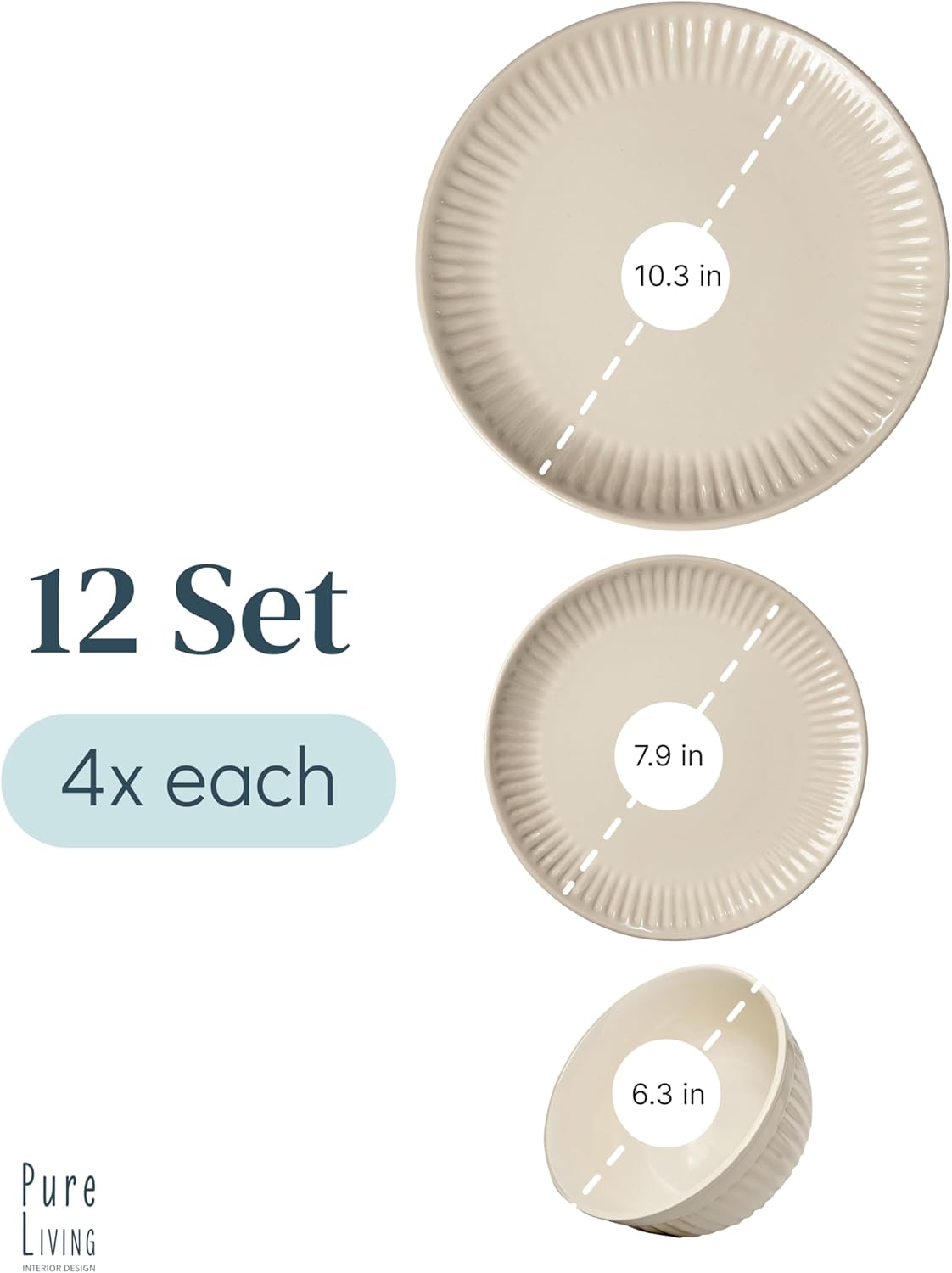 Stoneware Dinnerware Set for 4 People HYGGE 12-Piece - Elegant Scandi Design - Premium Dish Set - Bowl and Plate Set - Tableware for 4 People in a Ribbed Design - Pure Living in Light Brown