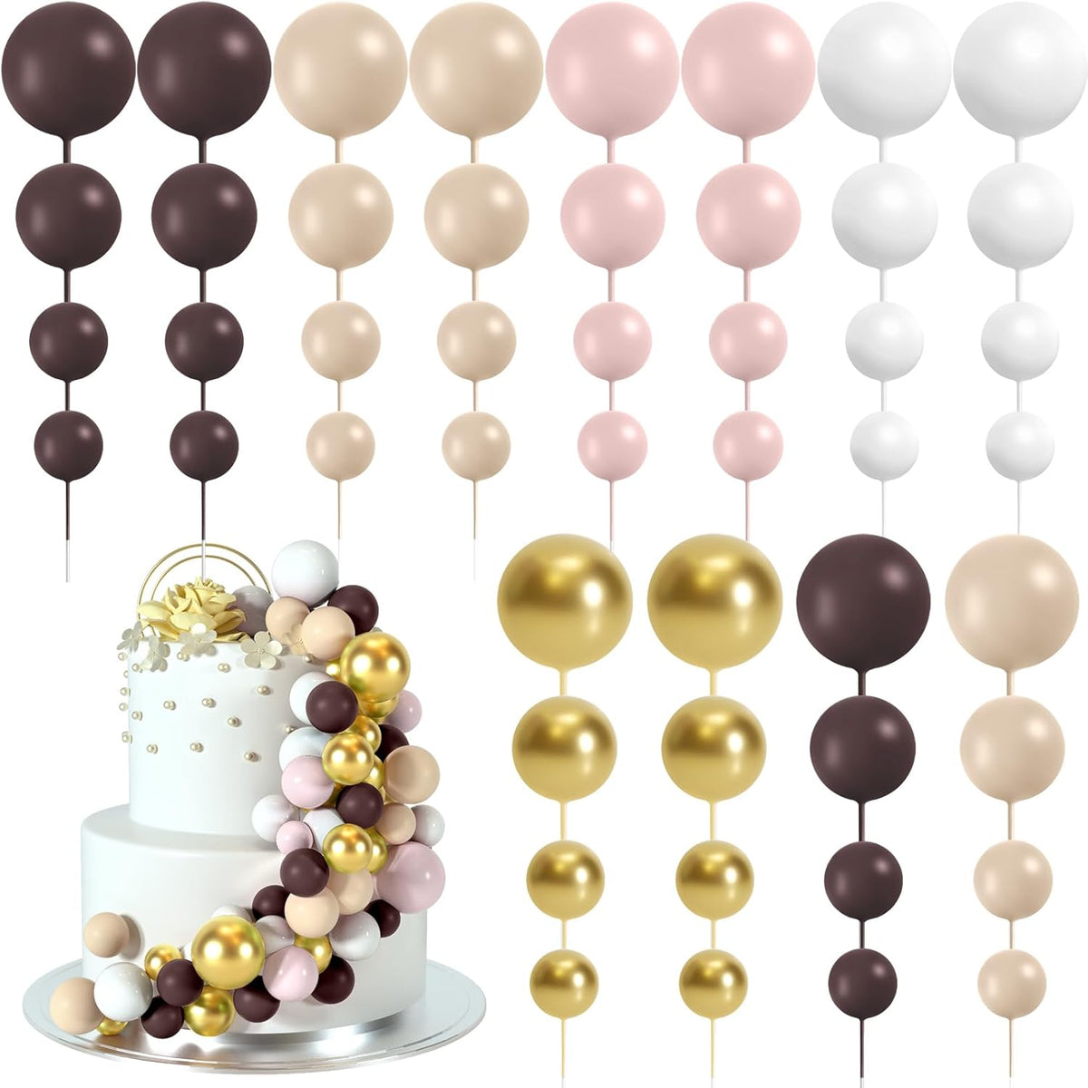 48 Pcs Balls Cake Topper Decorations Balloon Cupcake Toppers Foam Cake Topper Balls for Birthday Party Wedding Cake Decorating(Brown,White,Gold)